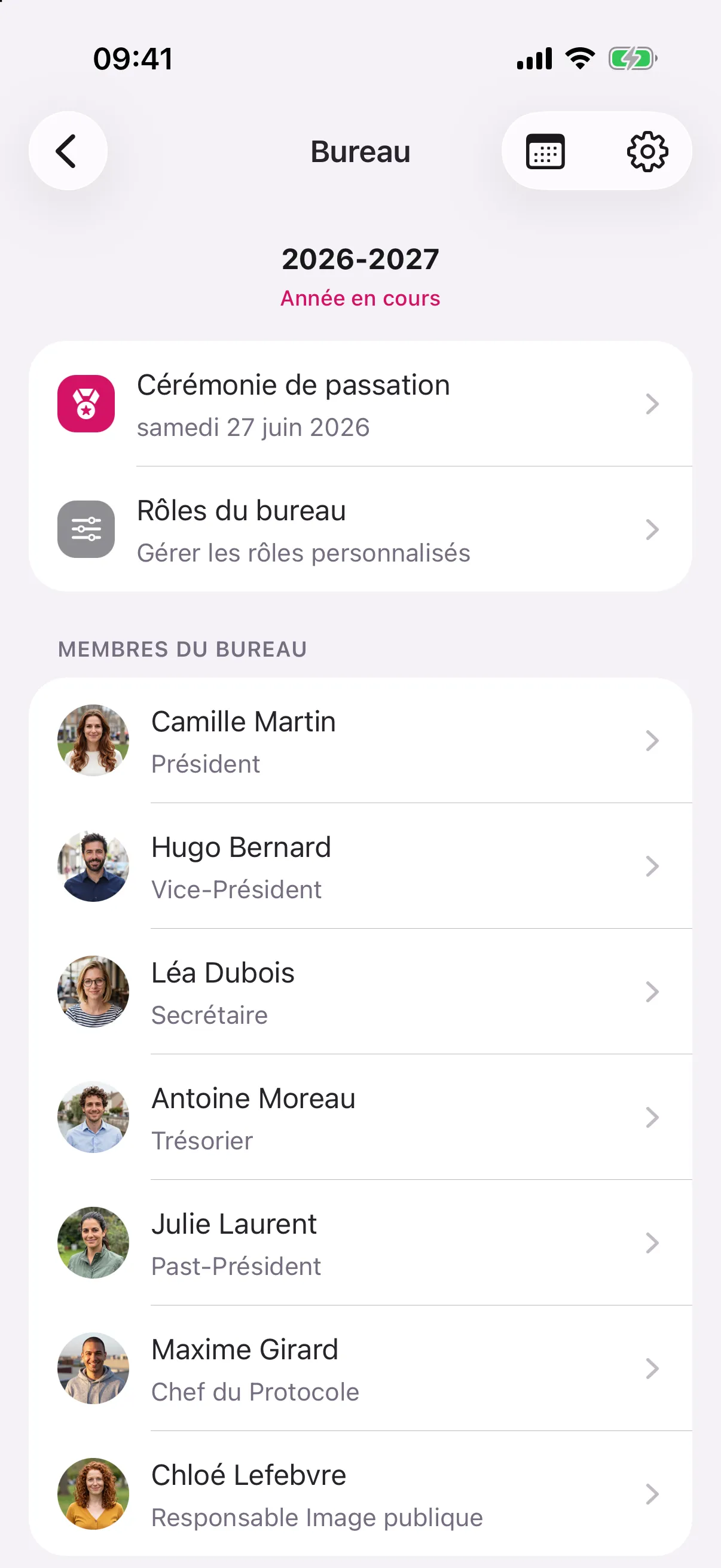 Composition du bureau dans Rotalink
