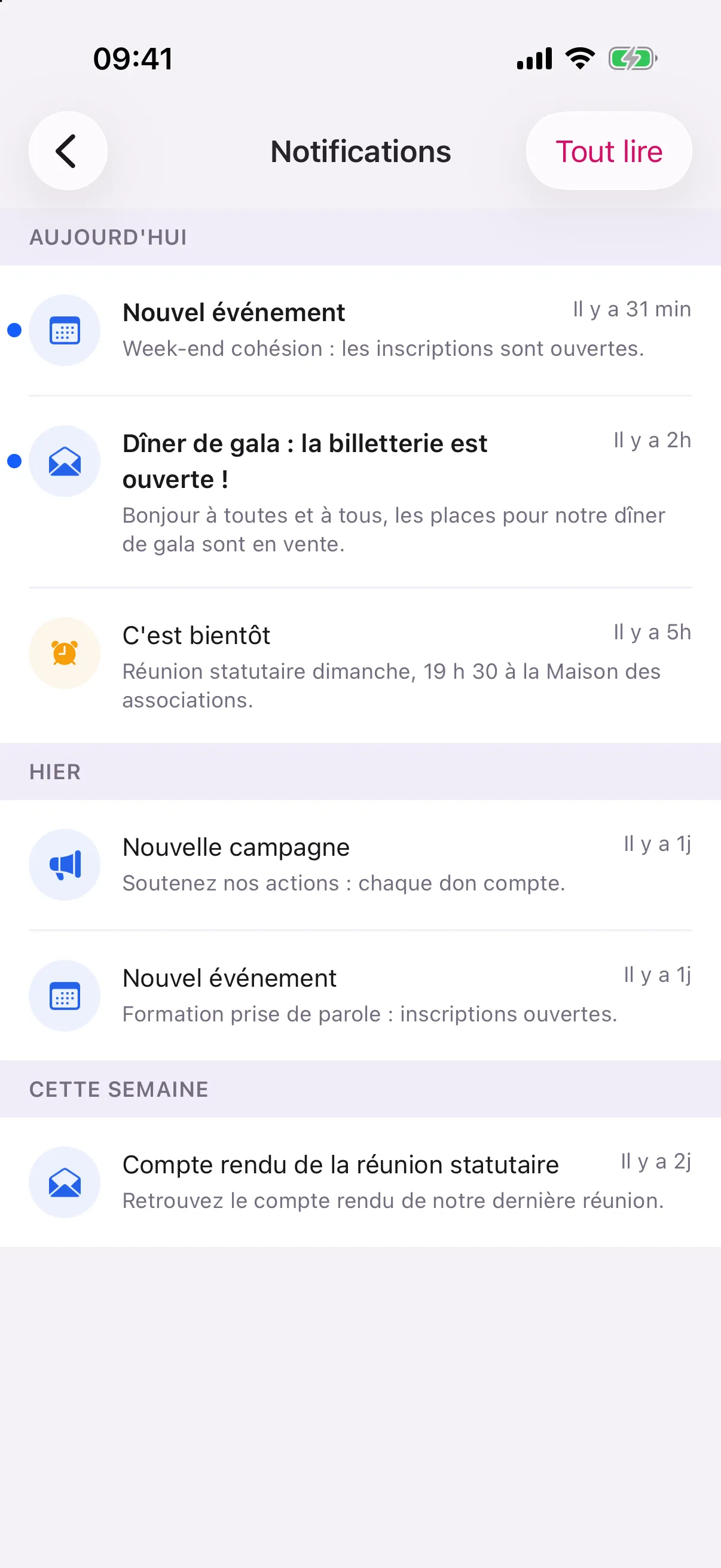 Centre de notifications dans Rotalink